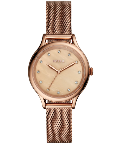 Fossil Women's Laney Three Hand Rose Gold Stainless Steel Mesh Watch 34mm