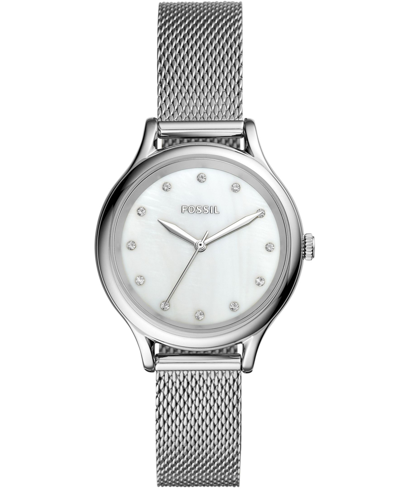 Fossil Women's Laney Three Hand Stainless Steel Mesh Watch 34mm In Silver-tone
