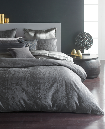 Donna Karan Home Moonscape Reversible Textured Jacquard Charcoal Full/queen Duvet Cover Bedding In Gray
