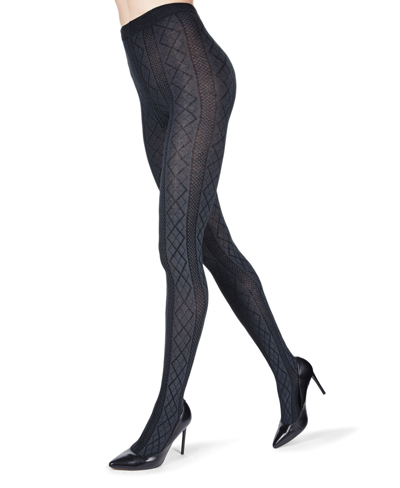 Memoi Women's Crossing Diamond Patterned Sweater Tights In Dark Gray