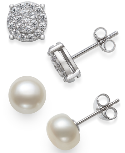 Macy's 2-pc. Set Cultured Freshwater Pearl (7mm) & Cubic Zirconia Stud Earrings In Sterling Silver