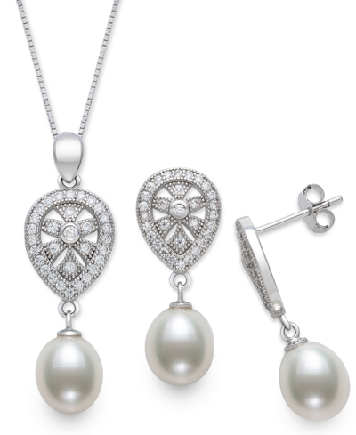 Belle De Mer 2-pc. Set Cultured Freshwater Pearl (8mm) & Cubic Zirconia Teardrop Pendant Necklace & Matching Drop In Sterling Silver