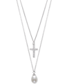 BELLE DE MER CULTURED FRESHWATER PEARL (8MM) & CUBIC ZIRCONIA CROSS LAYERED NECKLACE IN STERLING SILVER, 16" + 1"