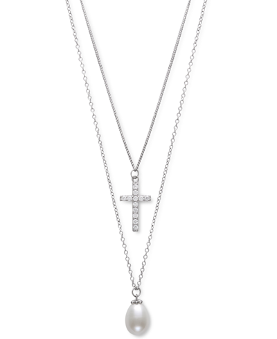 Belle De Mer Cultured Freshwater Pearl (8mm) & Cubic Zirconia Cross Layered Necklace In Sterling Silver, 16" + 1"