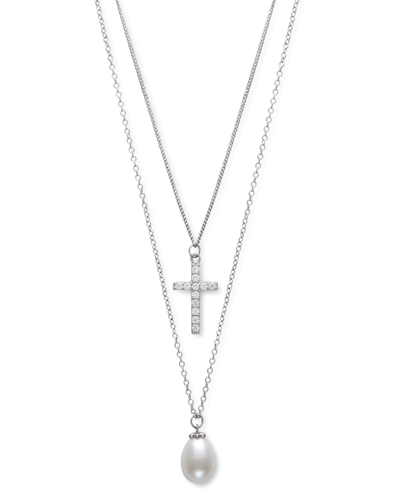 Belle De Mer Cultured Freshwater Pearl (8mm) & Cubic Zirconia Cross Layered Necklace In Sterling Silver, 16" + 1" In White