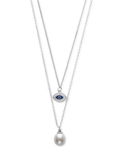 Belle De Mer Cultured Freshwater Pearl (8mm) & Cubic Zirconia & Enamel Evil Eye Layered Necklace In Sterling Silv In White