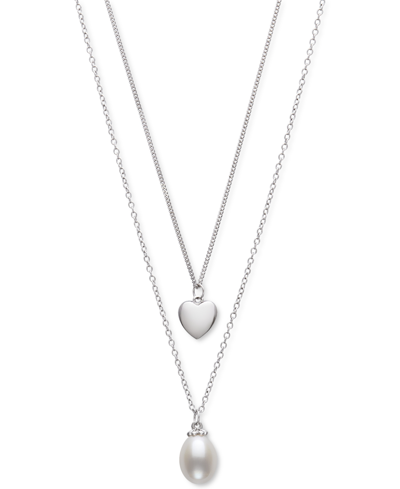 Belle De Mer Cultured Freshwater Pearl (8mm) & Polished Heart Layered Necklace In Sterling Silver, 16" + 1" Exten