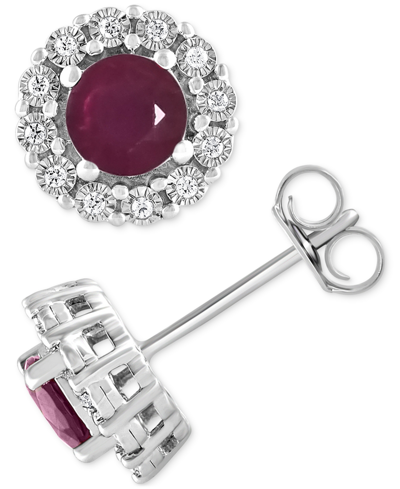 Macy's Ruby (1-3/8 Ct. T.w.) & Diamond (1/10 Ct. T.w.) Halo Stud Earrings In Sterling Silver