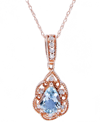 Macy's Aquamarine (1/2 Ct. T.w.) & Diamond (1/10 Ct. T.w.) Teardrop 18" Pendant Necklace In 14k Rose Gold-p In Blue