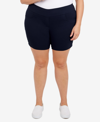 Hearts Of Palm Plus Size Essentials Solid Color Tech Stretch Shorts With Elastic Waistband In Blue