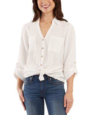 Bcx Juniors' Cotton Tie-front 3/4-sleeve Shirt In Off White