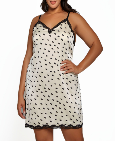Icollection Plus Size Nadia Polka Dot And Lace Trim Chemise Lingerie In Tan/beige