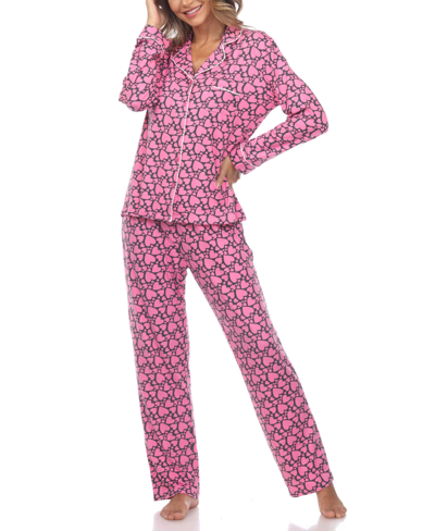 White Mark Women's 2 Piece Long Sleeve Heart Print Pajama Set In Pink