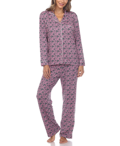 White Mark Women's 2 Piece Long Sleeve Heart Print Pajama Set In Gray