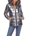 White Mark Plus Size Metallic Puffer Coat With Hoodie In Silver