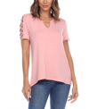 White Mark Keyhole Neck Cutout Short Sleeve Top In Pink