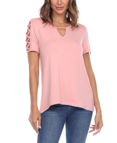 White Mark Keyhole Neck Cutout Short Sleeve Top In Pink