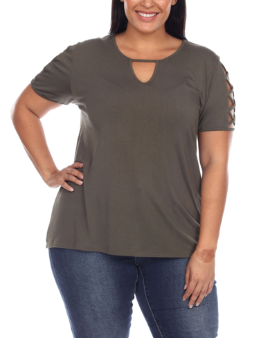 White Mark Plus Size Keyhole Neck Cutout Short Sleeve Top In Olive