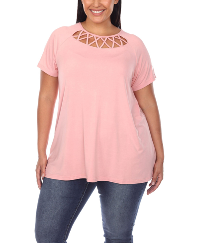 White Mark Plus Size Crisscross Cutout Short Sleeve Top In Navy