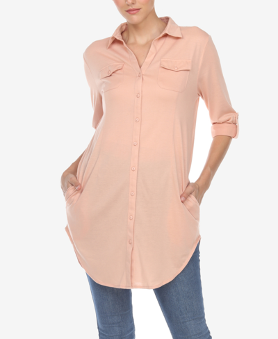 White Mark Women's Stretchy Button-down Tunic Top In Pink