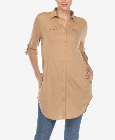 White Mark Women's Stretchy Button-down Tunic Top In Brown