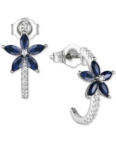 Macy's Sapphire (1-1/10ct. T.w.) & Diamond (1/8 Ct. T.w.) Flower Half Hoop Earrings In Sterling Silver (als