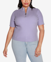 Belldini Black Label Plus Size Mock Neck Zip Front Ribbed Short Sleeve Top In Purple
