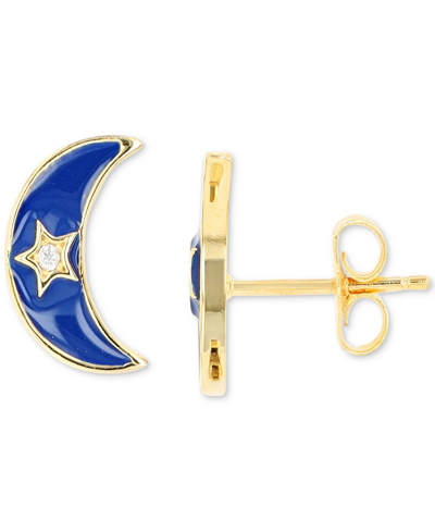 Macy's Cubic Zirconia & Enamel Crescent Moon Stud Earrings In 14k Gold-plated Sterling Silver In Dark Blue
