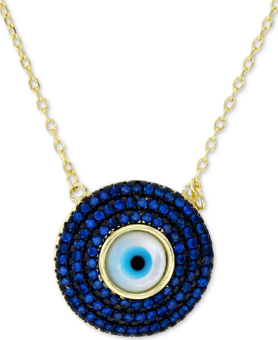 Macy's Cubic Zirconia & Enamel Evil Eye Pendant Necklace In 14k Gold-plated Sterling Silver, 16" + 1" Exten In Dark Blue