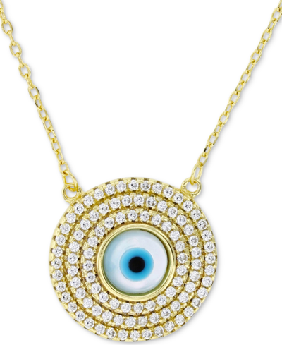 Macy's Cubic Zirconia & Enamel Evil Eye Halo Pendant Necklace In 14k Gold-plated Sterling Silver, 16" + 1" In Gold Over Silver