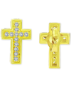 Macy's Cubic Zirconia Cross Stud Earrings In 14k Gold-plated Sterling Silver In Yellow