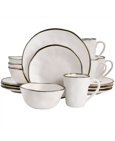 Elama Modern 16pc Stoneware Dinnerware Set In Matte White With Gold-tone Rim