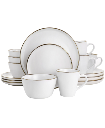 Elama Flat, Raised Rim, Gold-tone Trim Alejandro 16 Piece Stoneware Dinnerware Set, Service For 4 In White