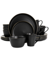 Elama Flat, Raised Rim, Gold-tone Trim Mateo 16 Piece Stoneware Dinnerware Set, Service For 4 In Black