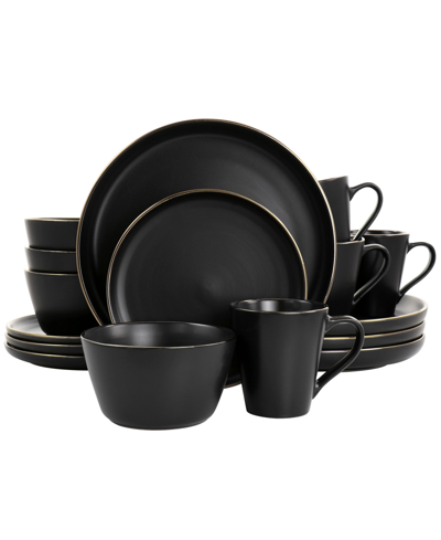 Elama Flat, Raised Rim, Gold-tone Trim Mateo 16 Piece Stoneware Dinnerware Set, Service For 4 In Matte Black With Gold Rim