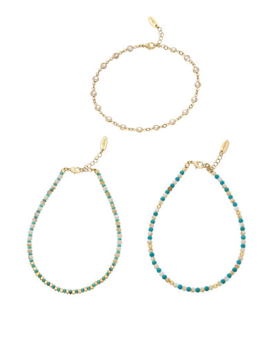 Ettika Turquoise And Imitation Pearl Anklet Set In Green