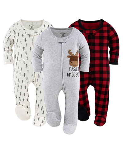 The Peanutshell Baby Boys And Girls Sleepers Set, 3 Pack In Red Black White Grey