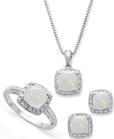Macy's Sterling Silver Jewelry Set, Opal (4-3/4 Ct. T.w.) And Diamond Accent Necklace, Earrings And Ring Se