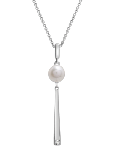Macy's Cultured Freshwater Pearl (6mm) & Diamond Accent Drop 18" Pendant Necklace In Sterling Silver