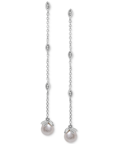 Macy's Cultured Freshwater Pearl (6mm) & Diamond (1/10 Ct. T.w.) Linear Drop Earrings In Sterling Silver