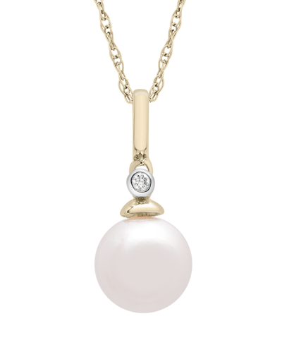Macy's Cultured Freshwater Pearl And Diamond Accent Pendant Necklace In 14k Yellow Gold