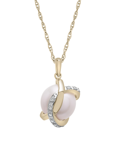 Macy's Cultured Freshwater Pearl With Diamond Crossed Pendant In 14k Yellow Gold