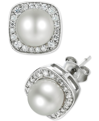 Macy's Cultured Freshwater Pearl (6mm) And Diamond (1/4 Ct. T.w.) Stud Earrings In 14k White Gold