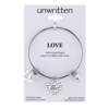 Unwritten Love Charm And Rose Quartz (8mm) Bangle Bracelet In Stainless Steel With Silver Plated Charms In Silver