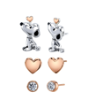 Peanuts Unwritten Three Pair Silver Plated Snoopy Earring Set With Rose Gold Heart And Cz Bezel Stud In Pink