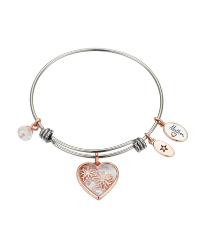 Unwritten Rose Gold Two-tone Stainless Steel Crystal "mother" Heart And Flower Bangle Bracelet In Two Tone