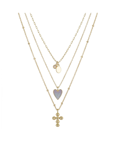 Unwritten 14k Gold Flash-plated 3-pieces Genuine Mother Of Pearl Heart And Cross Layered Pendants Set In Gold Flash Plated
