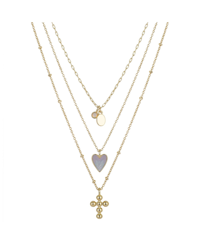 Unwritten 14k Gold Flash-plated 3-pieces Genuine Mother Of Pearl Heart And Cross Layered Pendants Set