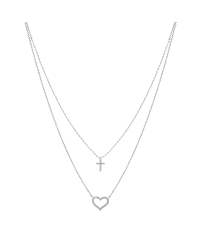 Unwritten Fine Silver Plated Cubic Zirconia Cross And Heart Layered Pendant Necklace In Silver-tone