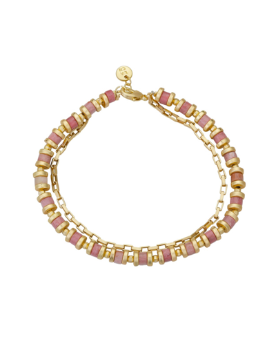 Unwritten 14k Gold Flash Plated Rhodochrosite Stone Paperlink Chain Double Bracelet In Gold-tone